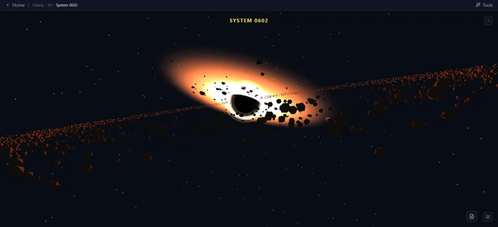 A black hole with a glowing orange accretion disc and a stream of asteroids spiralling into it.