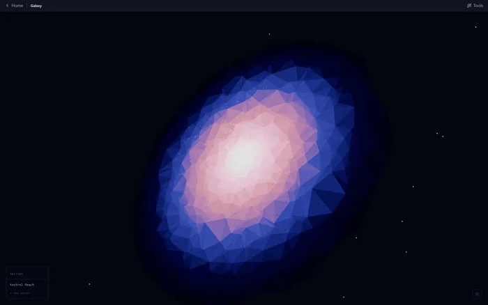 A procedurally generated low-poly disc galaxy in rose and twilight blue.
