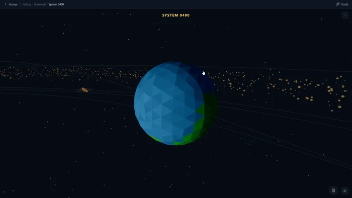 A blue and green low-poly world with an asteroid belt trailing behind it.