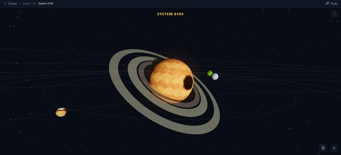 An orange low-poly gas giant with wide rings, orbited by several moons.