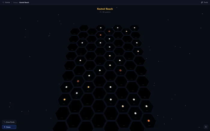 A hex grid sector map tilted in perspective, with coloured stars scattered across the hexes.