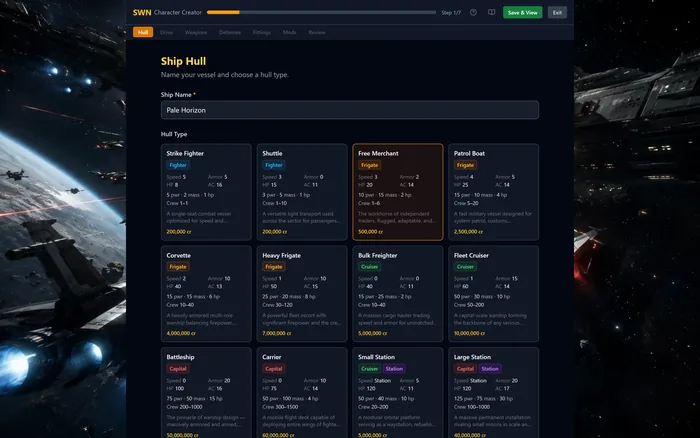 The ship builder's hull step, showing hull cards with speed, armour, HP, AC, power, mass and crew.